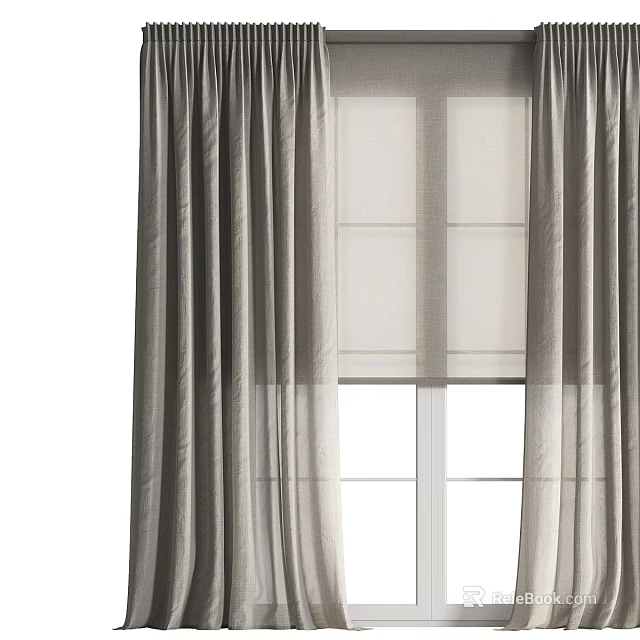 Modern Grey Linen Curtains With Sheer Overlay For Window Pane Interior Design 3d model