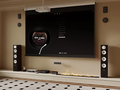 Modern Projection Monitoring Setup With Large Screen Projector Speakers Fireplace And Rug 3d model