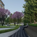 Modern Building Garden Landscape With Water Pool Steps And Green Trees