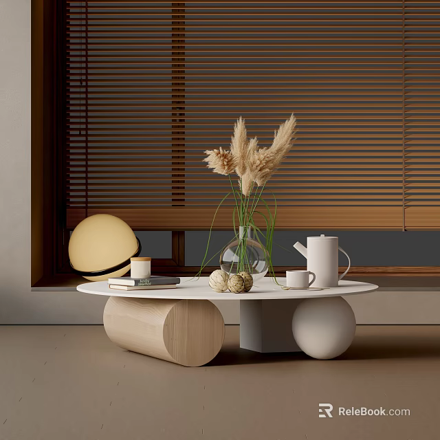 Modern Sofa And Coffee Table Set With Pampas Grass Vase Kettle And Wooden Blinds 3d model 