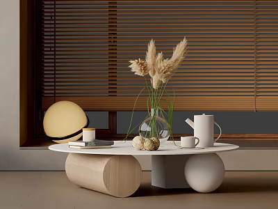 Modern Sofa And Coffee Table Set With Pampas Grass Vase Kettle And Wooden Blinds 3d model