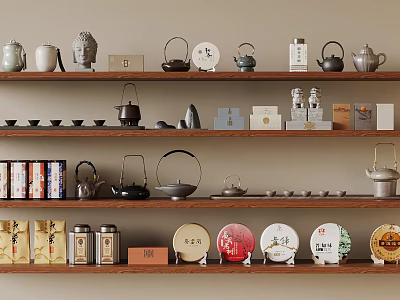 Beautiful Tea Sets Collection Display on Wooden Shelves with Teapots Cups and Storage Boxes 3d model