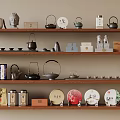 Beautiful Tea Sets Collection Display on Wooden Shelves with Teapots Cups and Storage Boxes