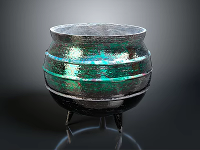 Iridescent Ceramic Pot With Green Silver Glaze Three Legs And Textured Surface 3d model