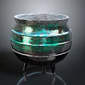 Iridescent Ceramic Pot With Green Silver Glaze Three Legs And Textured Surface