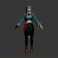 Hooded Teal Character And Creature Design With Crop Top Jacket Pants And Red Shoes