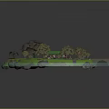 Cartoon Island Scene with Green Grass Trees Small House and Bridge Surrounded by Water