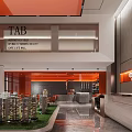 Modern Elegant Sales Office With Sand Table Large Screen Chandeliers Orange Elements And Marble Floor