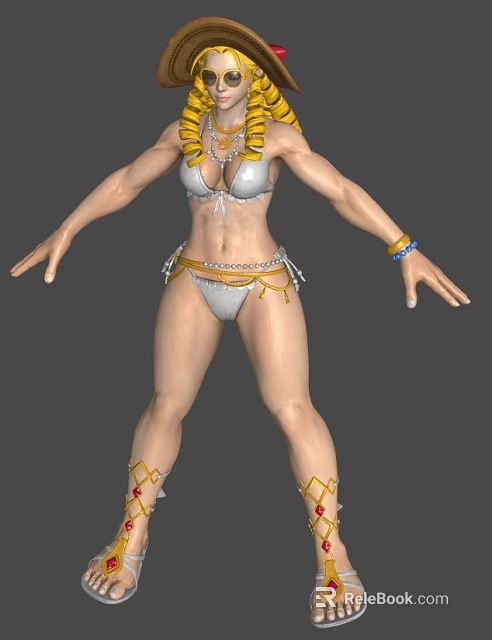 Mythic Female Warrior Character in Silver Bikini with Yellow Headpiece Necklace Belt Bracelets Anklets 3d model 