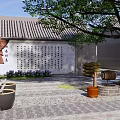 Traditional Village Square Scene With Tile Roof Calligraphy Wall And Stone Mill Elements