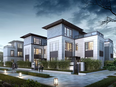 Modern Detached Villa Exterior Design Featuring Gray White Facade Large Windows And Courtyard Greenery 3d model