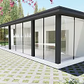 Villa Balcony With Large Glass Walls Overlooking Trees Lawn And Pink Flowers On Tiled Floor