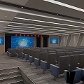 Modern Conference Room Interior Design With Rows of Seats Large Screen and Red Curtains