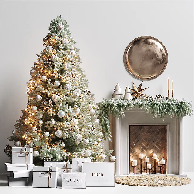 Cozy Fireplace With Green Garland Lit Candles And Christmas Tree 3d model 