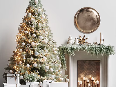 Cozy Fireplace With Green Garland Lit Candles And Christmas Tree 3d model