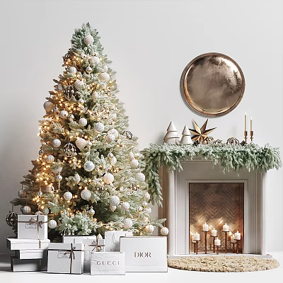 Cozy Fireplace With Green Garland Lit Candles And Christmas Tree 3d model