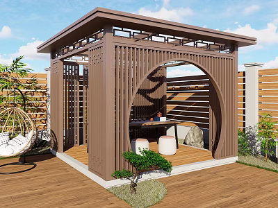 Wooden Landscape Pavilion With Arched Openwork Design Wooden Deck Small Plants And Hanging Chair 3d model