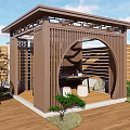 Wooden Landscape Pavilion With Arched Openwork Design Wooden Deck Small Plants And Hanging Chair