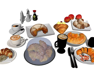 Delicious Breakfast Food Collection With Fresh Croissants Coffee Apples And Pastries 3d model