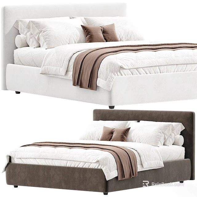 Modern Background Double Bed With White Bedding Brown Blanket And Multiple Pillows 3d model