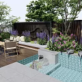 Courtyard Garden Featuring Outdoor Dining Tables Glass Roofed Pavilion Purple Flowers And Water Feature
