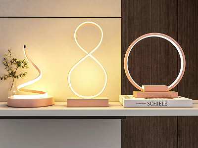 Modern Spiral Figure 8 Circular Ring Table Lamps With Pink Base Warm Light On Shelf 3d model