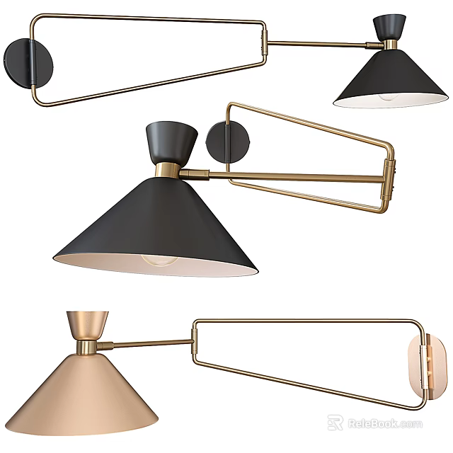 Modern Sleek Wall Lamps With Black Conical Shades Gold Metal Arms And Contemporary Design 3d model 