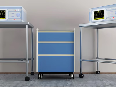 Medical Devices On Metal Carts With Blue Drawer Cabinet And Wheels 3d model