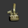 Ancient Ceramic Sculpture With Animal Head Tall Cylindrical Neck And Square Base
