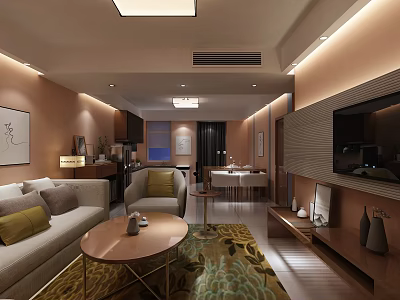 Modern Living and Dining Room Interior With Sofa Coffee Table Rug And TV Wall Decor 3d model