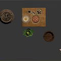 Rustic Kitchen Setup With Wooden Barrel Chest Chopsticks Food Plate Clay Pot Eggs And Vegetables