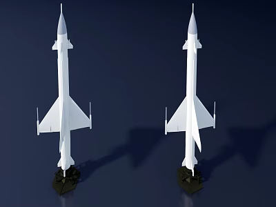 Two White Rocket Models With Black Bases On Blue Background 3d model