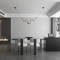 Minimalist Modern Restaurant Interior Featuring Spherical Chandelier Dining Table And Fireplace 3d model