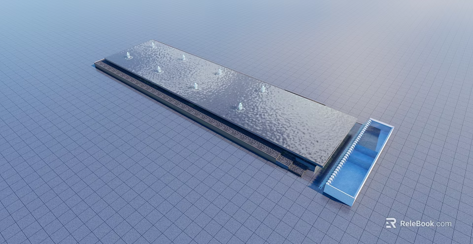 Modern Long Rectangular Water Fountain With Multiple Water Jets And Blue Basin 3d model 