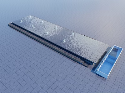 Modern Long Rectangular Water Fountain With Multiple Water Jets And Blue Basin 3d model