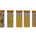 Ceramic Vessels With Orange Lids Storing Various Pasta Types On White Background 3d model