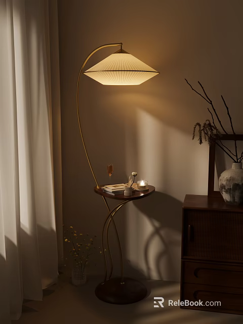 Elegant Modern Floor Lamp With Golden Stand Small Table And Warm Lighting Decor 3d model 