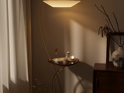 Elegant Modern Floor Lamp With Golden Stand Small Table And Warm Lighting Decor 3d model