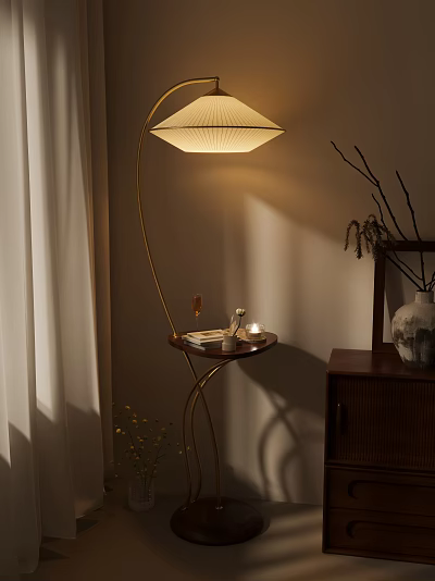 Elegant Modern Floor Lamp With Golden Stand Small Table And Warm Lighting Decor 3d model