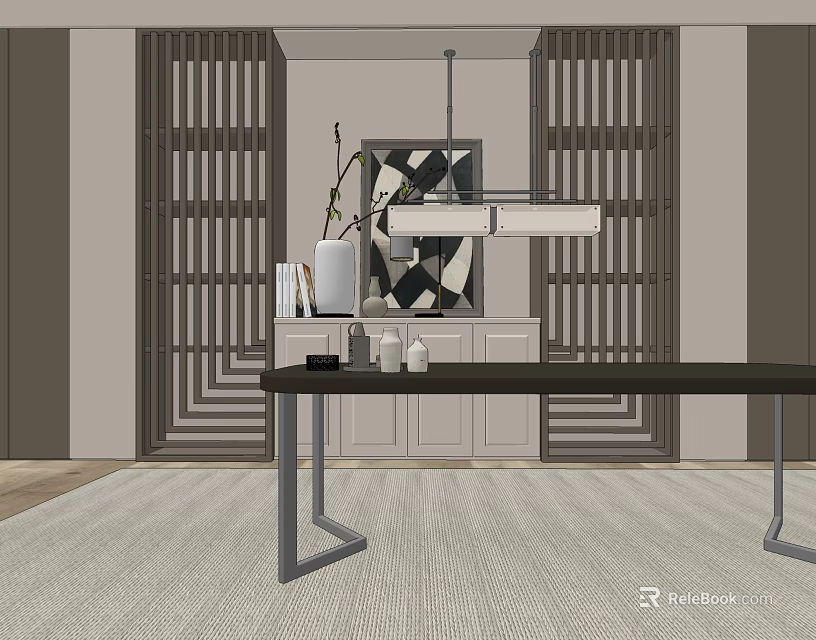 Modern Dining Table Set With Metal Frame Hanging Light And Decorative Vases 3d model 