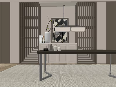 Modern Dining Table Set With Metal Frame Hanging Light And Decorative Vases 3d model