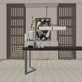Modern Dining Table Set With Metal Frame Hanging Light And Decorative Vases