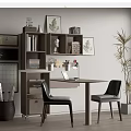Modern Desk Interior With Bookshelf Chairs Table Lamp Laptop And Decorative Prints