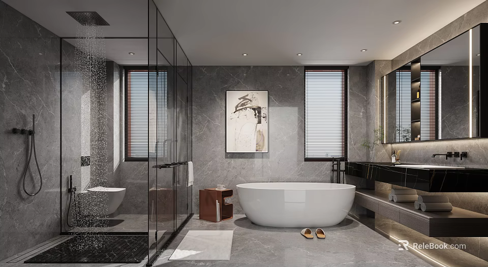 Modern Bathroom Interior With Glass Shower Enclosure White Bathtub Gray Walls And Window Blinds 3d model 