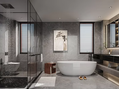 Modern Bathroom Interior With Glass Shower Enclosure White Bathtub Gray Walls And Window Blinds 3d model