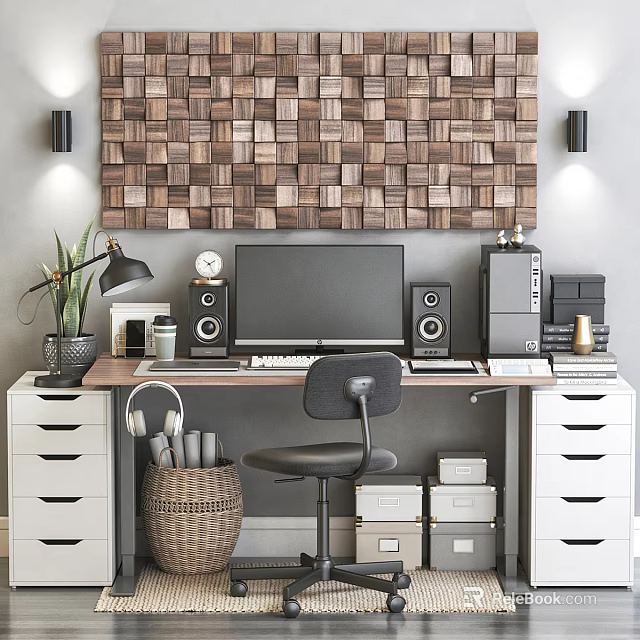 Stylish Home Office Interior With Desk Chair Wooden Panel Wall Table Lamp And Storage Boxes 3d model 