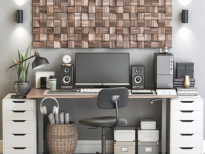 Stylish Home Office Interior With Desk Chair Wooden Panel Wall Table Lamp And Storage Boxes 3d model
