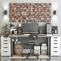 Stylish Home Office Interior With Desk Chair Wooden Panel Wall Table Lamp And Storage Boxes