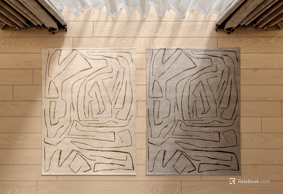 Modern Square Rugs With Abstract Line Patterns In Beige And Gray On Wooden Floor 3d model 