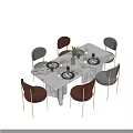 Modern Dining Table Set With White Marble Top And Brown Grey Chairs Plants Tableware 3d model